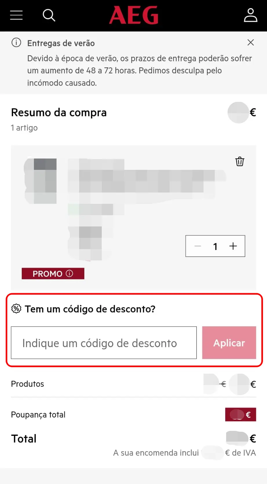 Inserir código promocional AEG no campo do checkout