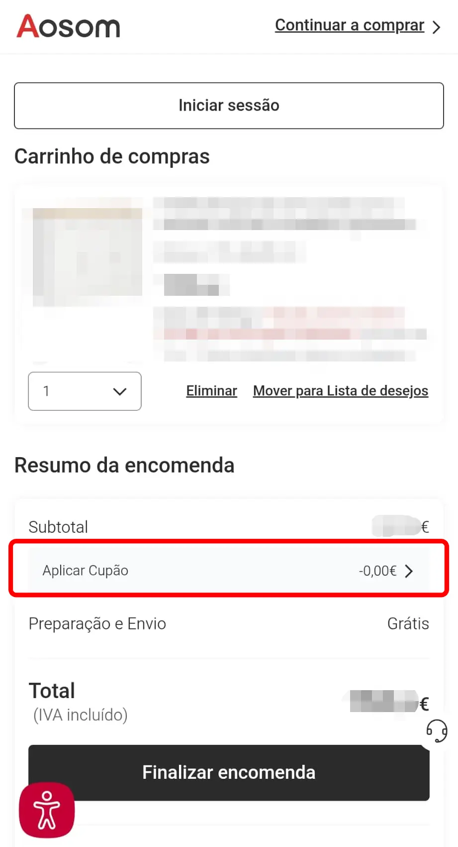 Inserir código de desconto na página de checkout da Aosom