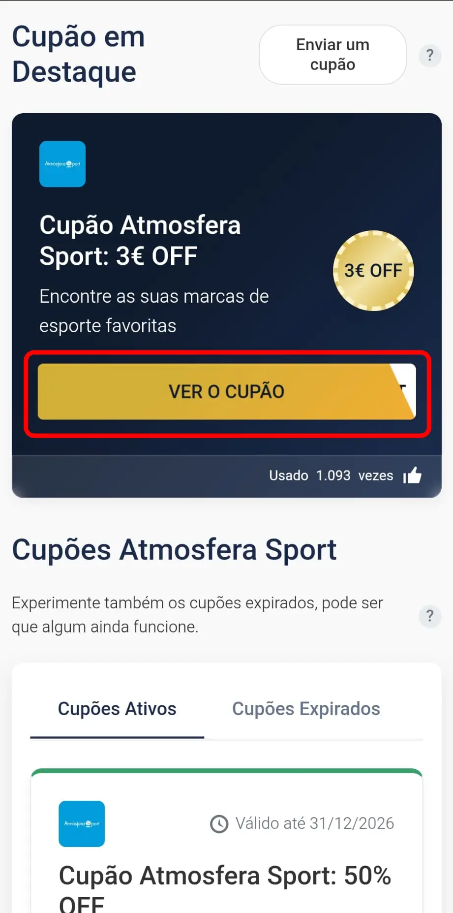 Copiar o código promocional da Atmosfera Sport no CupomVoucher