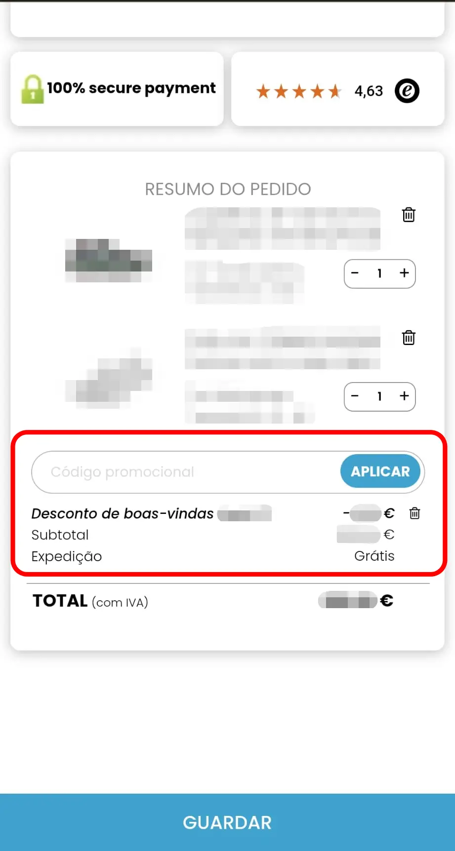 Confirmar o desconto aplicado na compra da Atmosfera Sport
