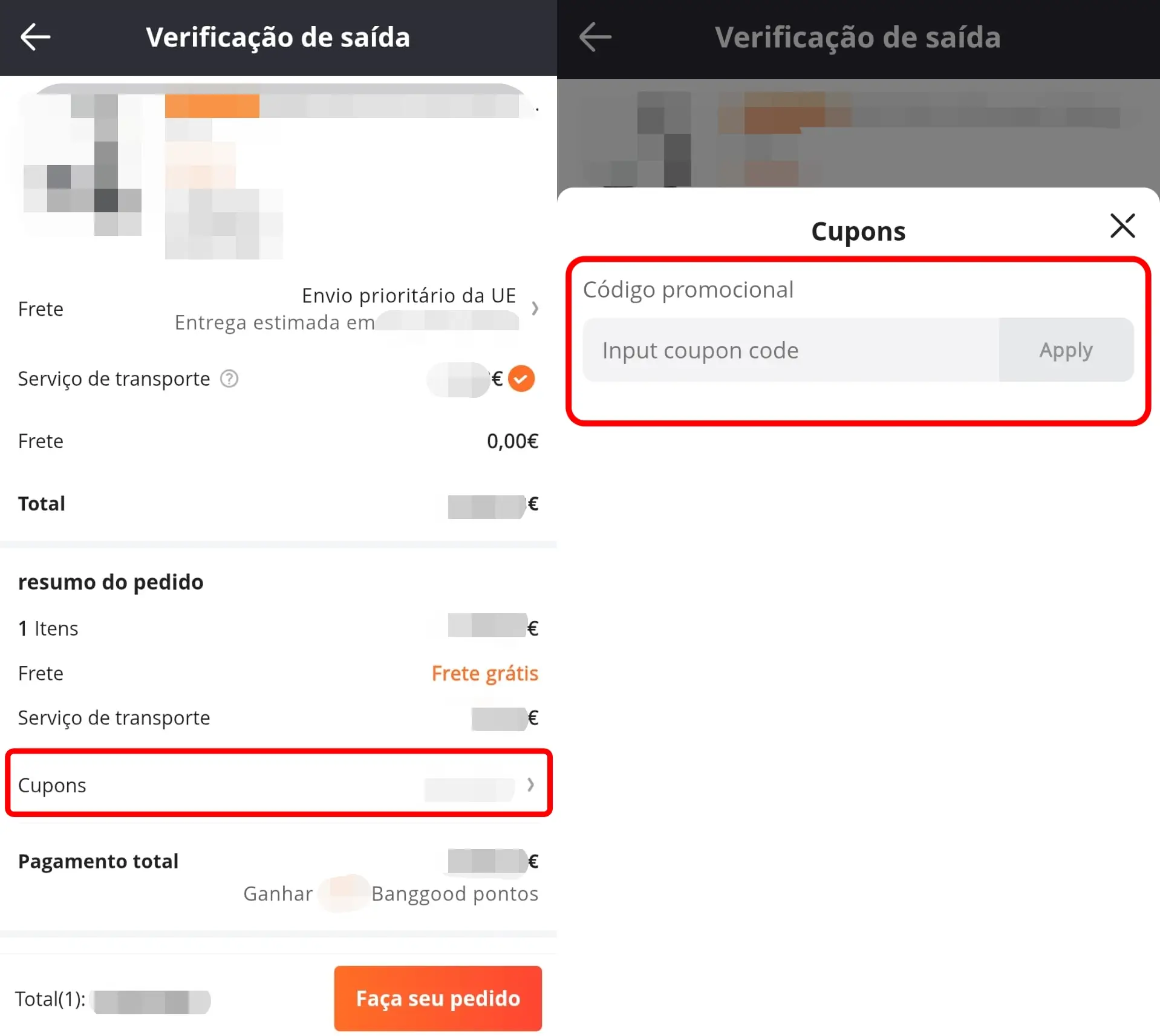 Inserir código promocional no campo de cupão da Banggood