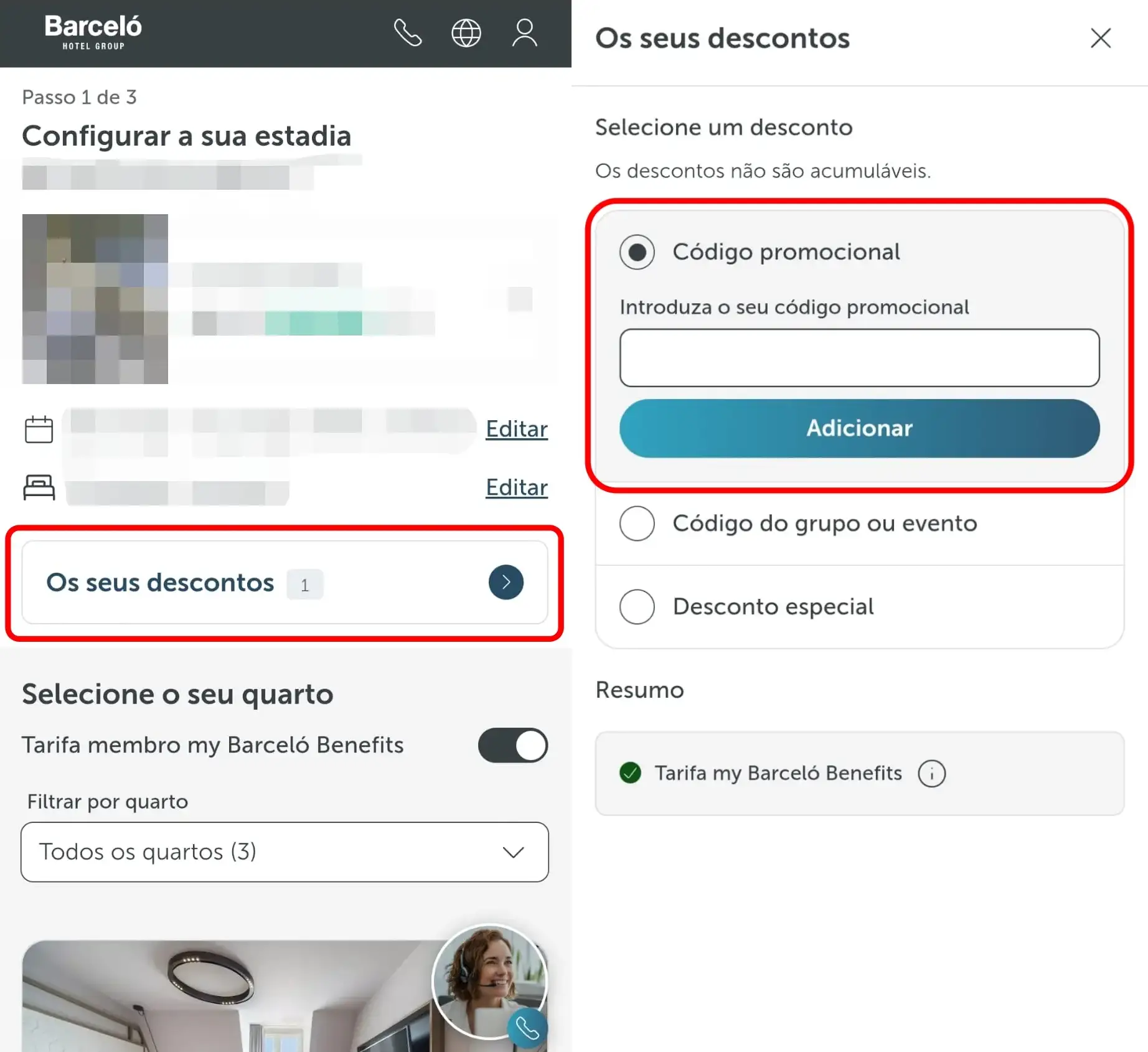 Inserir código promocional na caixa de pesquisa do site Barceló