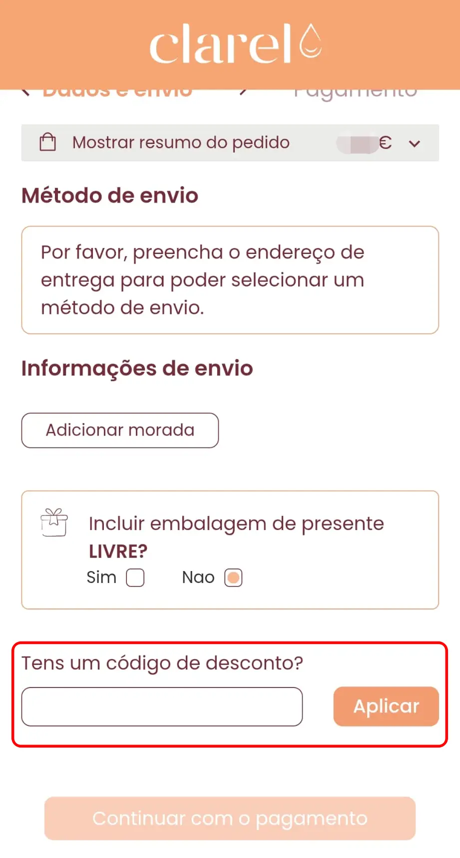 Campo para introduzir código de cupão no checkout da Clarel