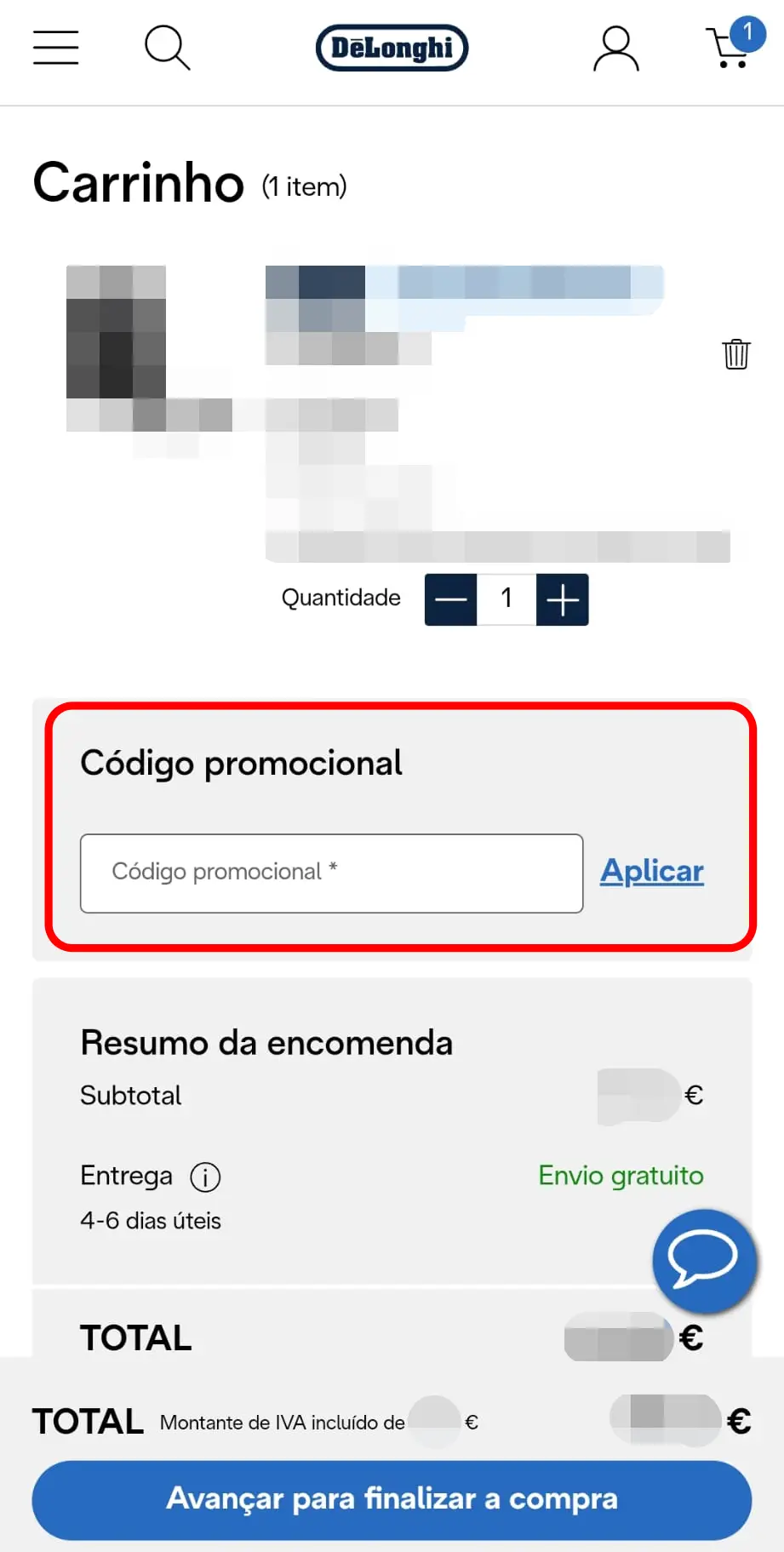 Inserir código promocional De'Longhi no campo de checkout