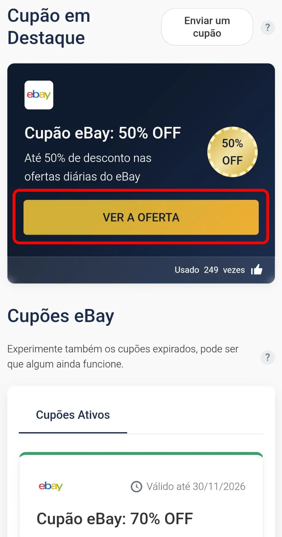Selecionar oferta promocional do eBay no CupomVoucher