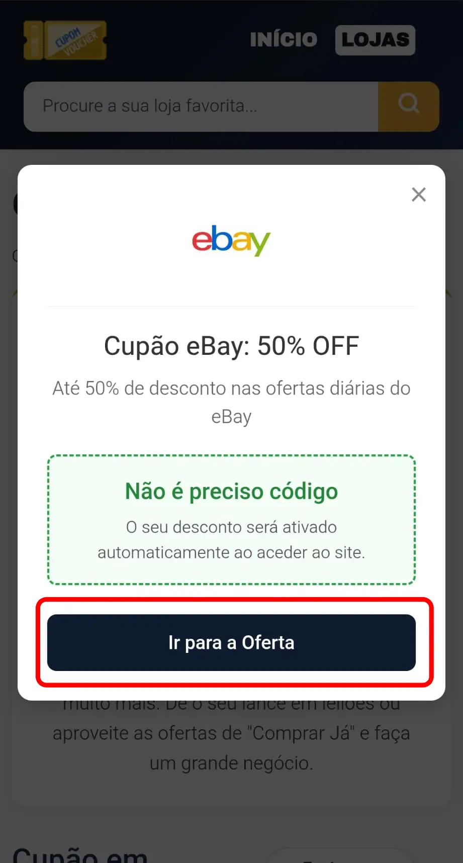 Popup informando que o desconto eBay é aplicado automaticamente