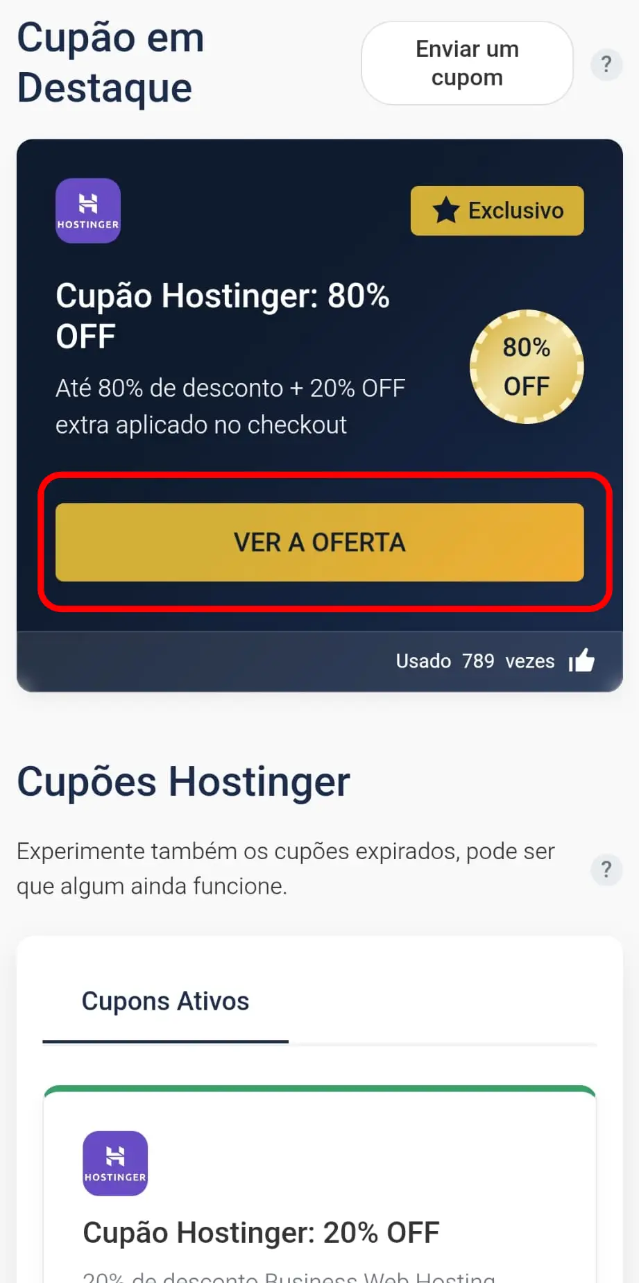 Clicar na oferta da Hostinger no CupomVoucher