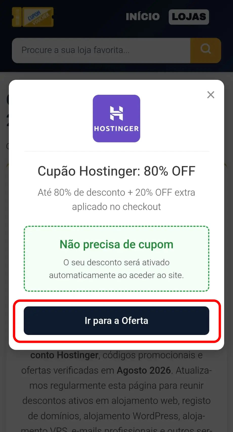 Popup informando que o desconto da Hostinger é aplicado automaticamente