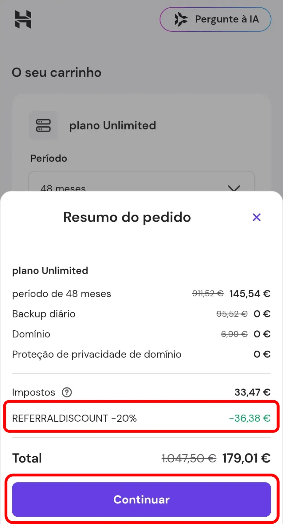 Desconto da Hostinger aplicado automaticamente durante a contratação