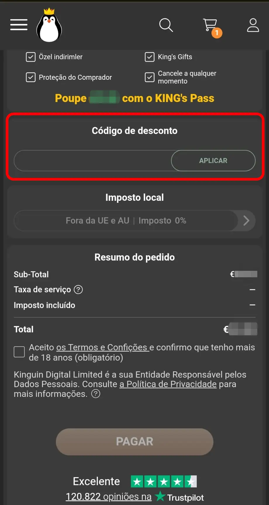 Inserir código de desconto na página de checkout da Kinguin