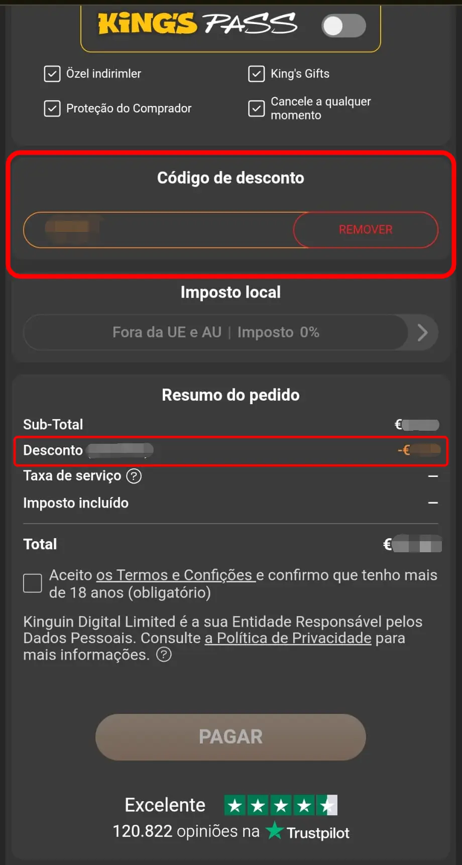 Confirmar desconto aplicado na compra online na Kinguin