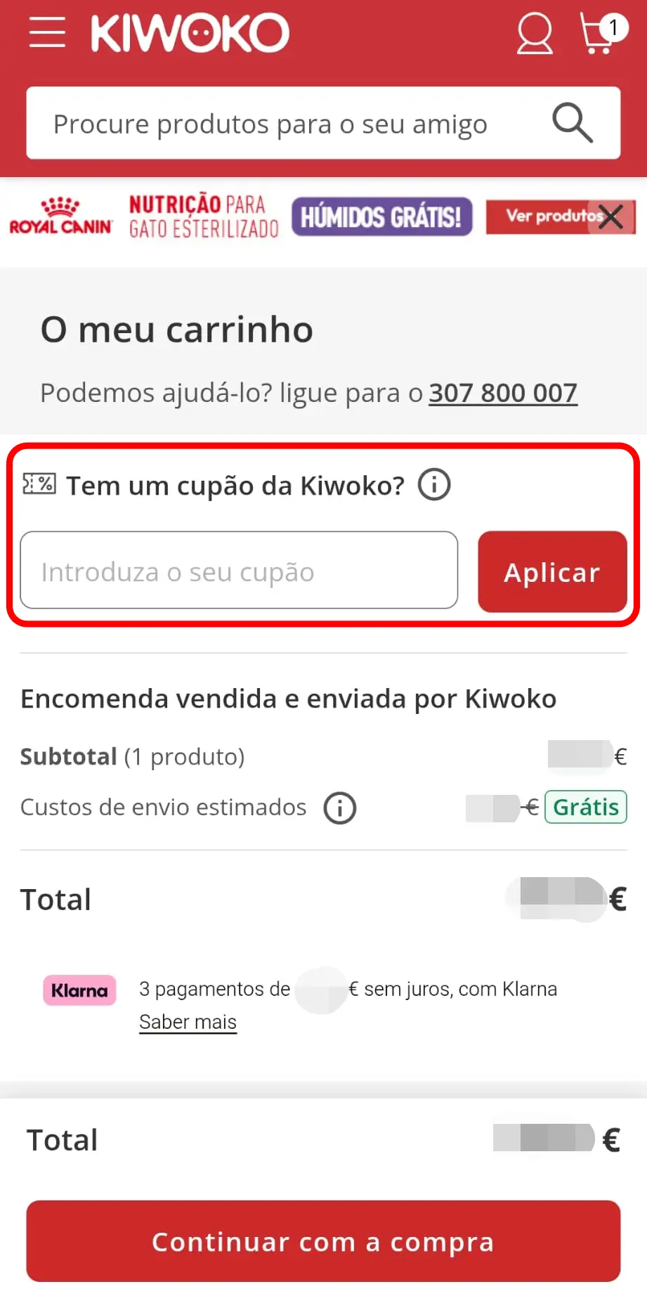 Inserir código promocional Kiwoko no ecrã de checkout