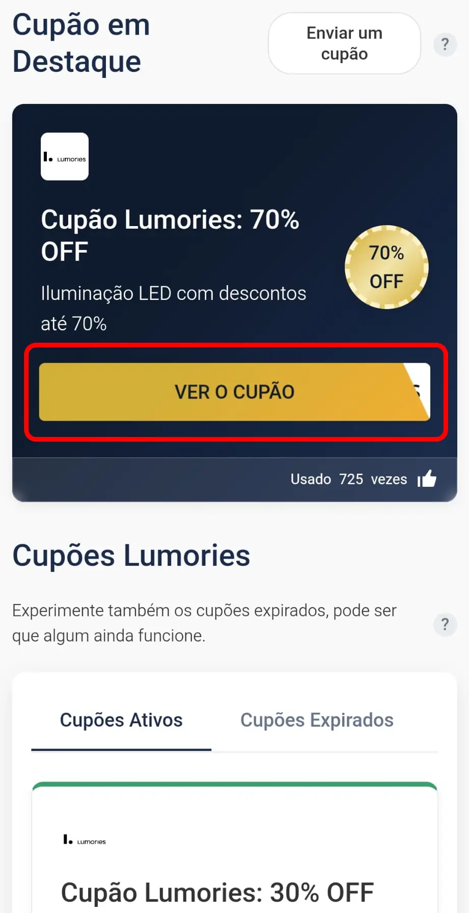 Copiar código promocional Lumories no site CupomVoucher