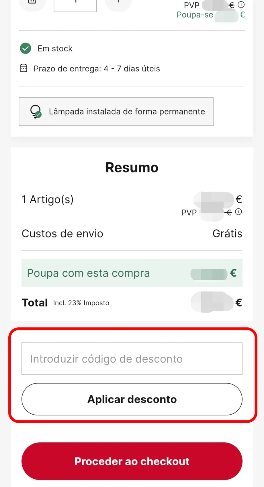 Inserir código promocional Lumories no campo de checkout