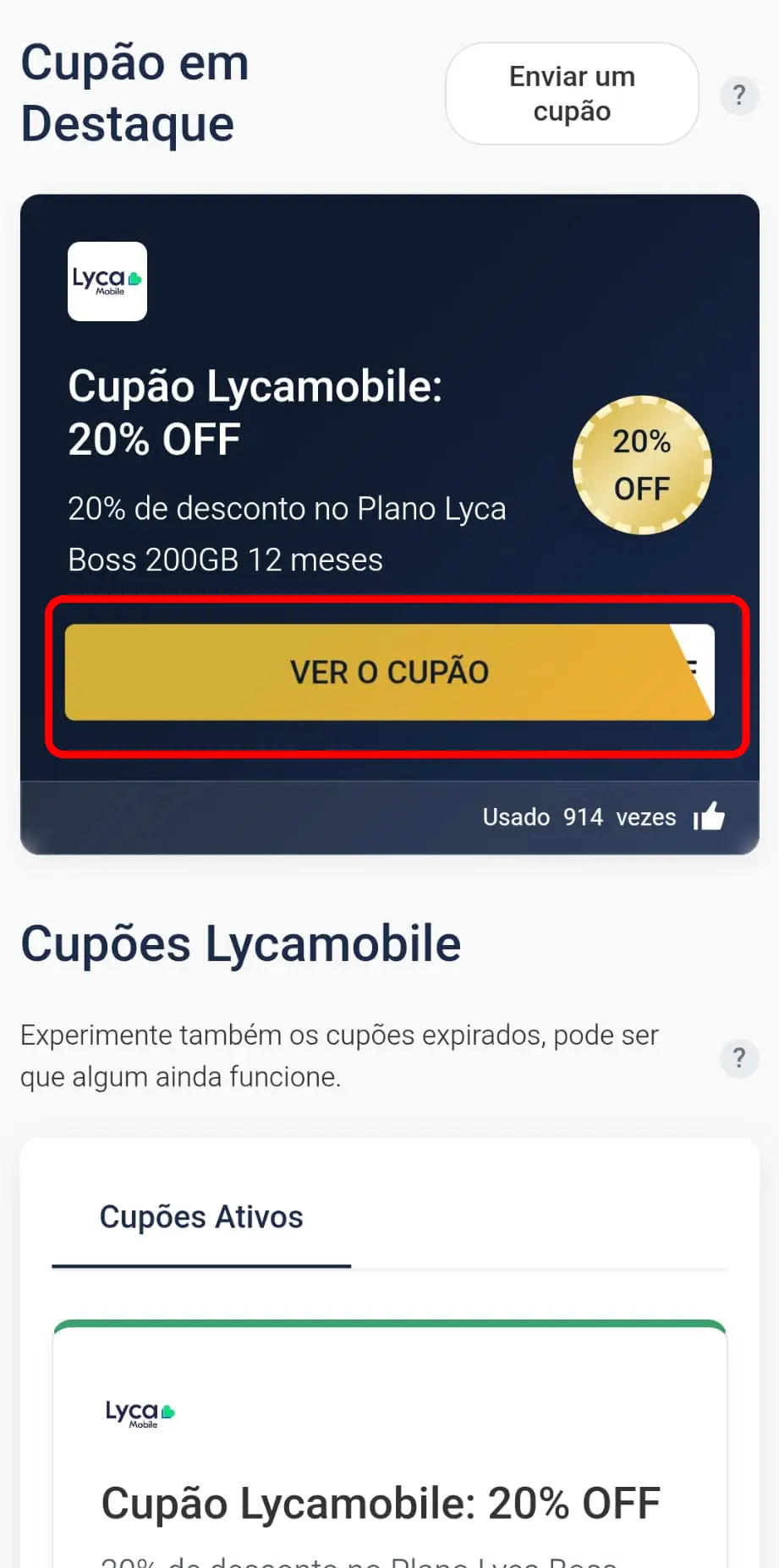 Copiar o código promocional da Lycamobile no CupomVoucher