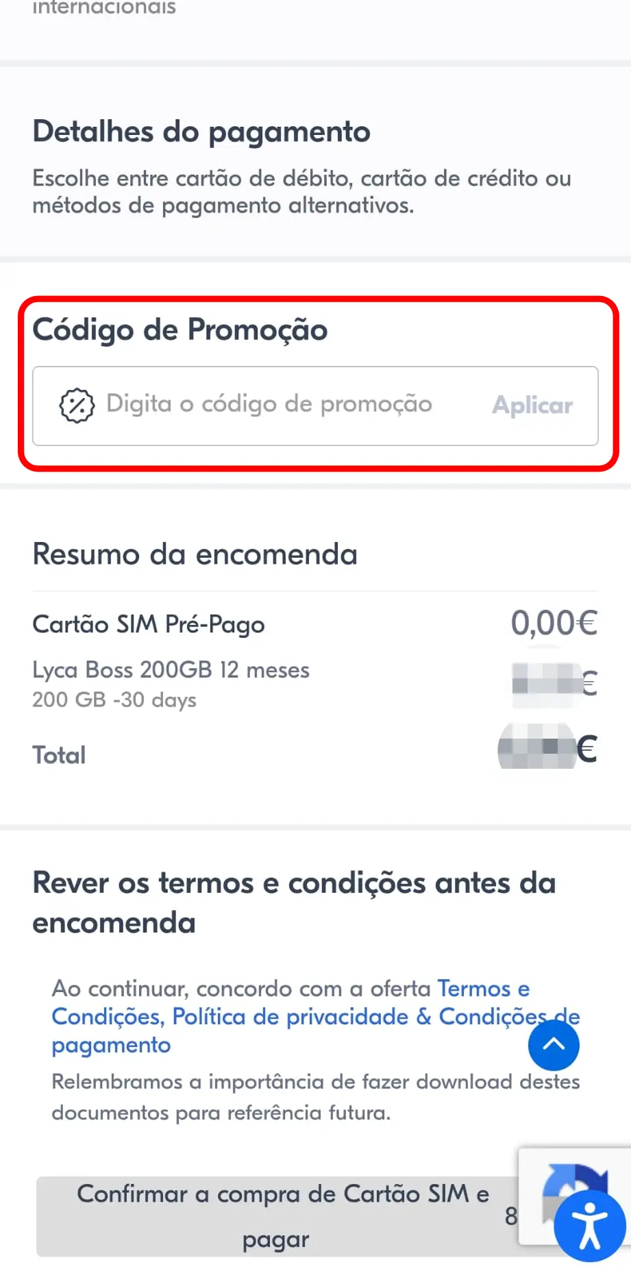 Aplicar o código de desconto no checkout da Lycamobile