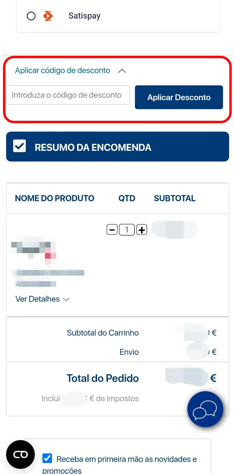 Inserir o código promocional no checkout da loja online Molaflex