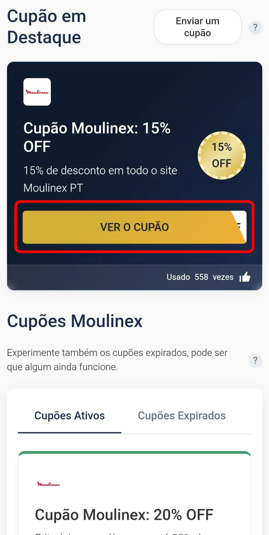 Copiar cupão de desconto Moulinex no site CupomVoucher