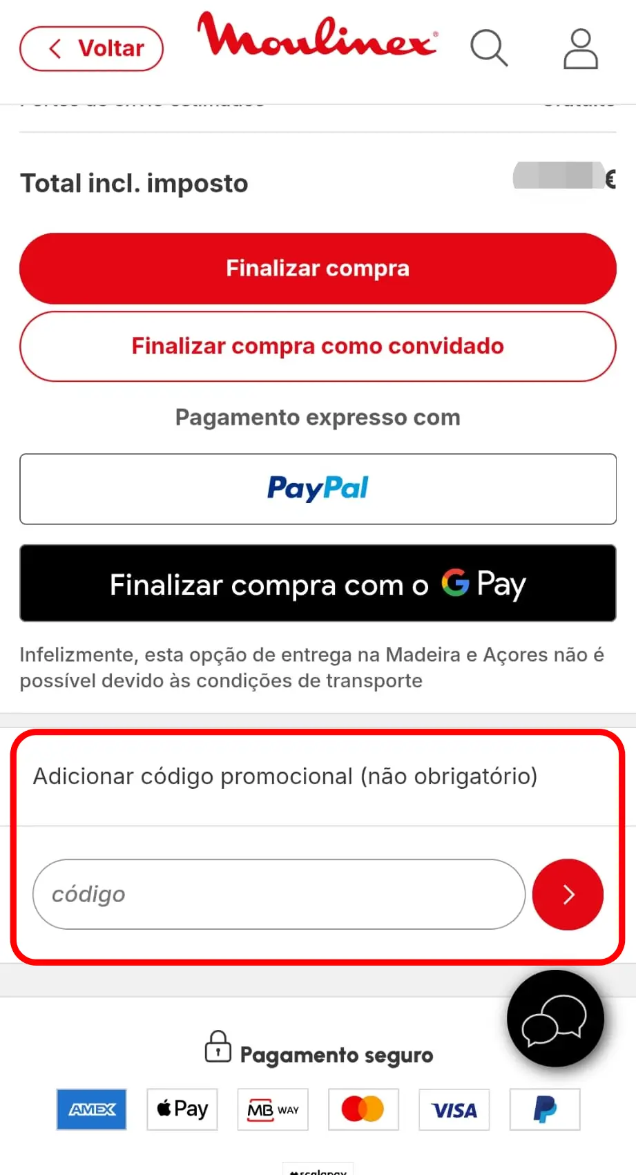 Inserir código promocional Moulinex no campo do checkout
