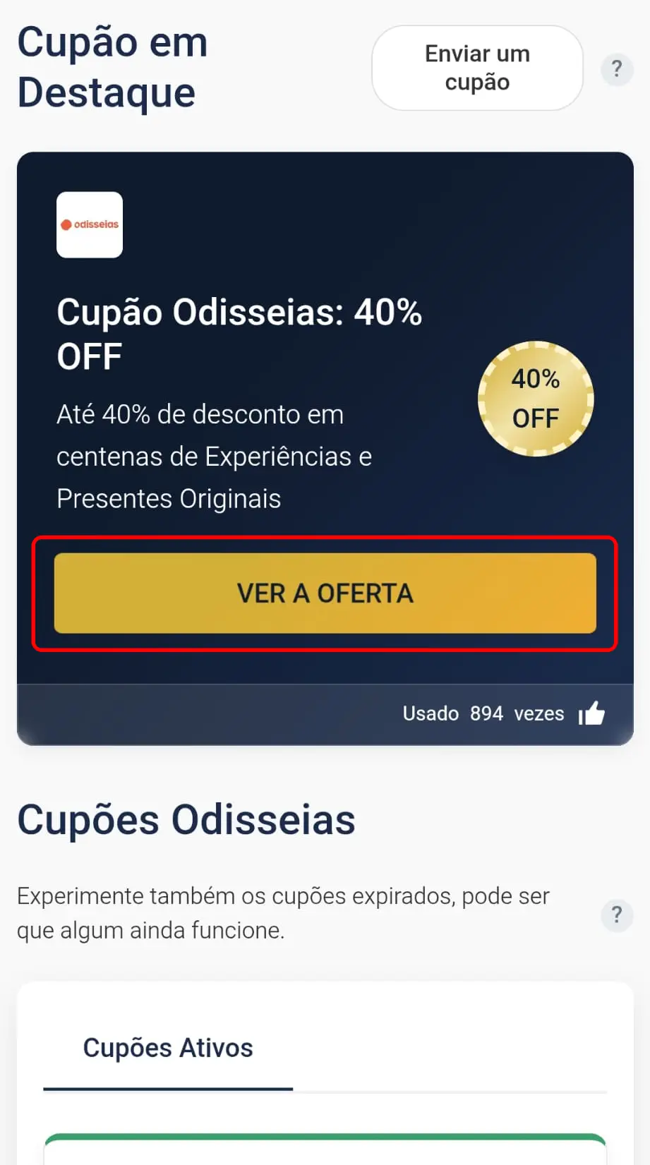Código de cupão Odisseias revelado na página do CupomVoucher