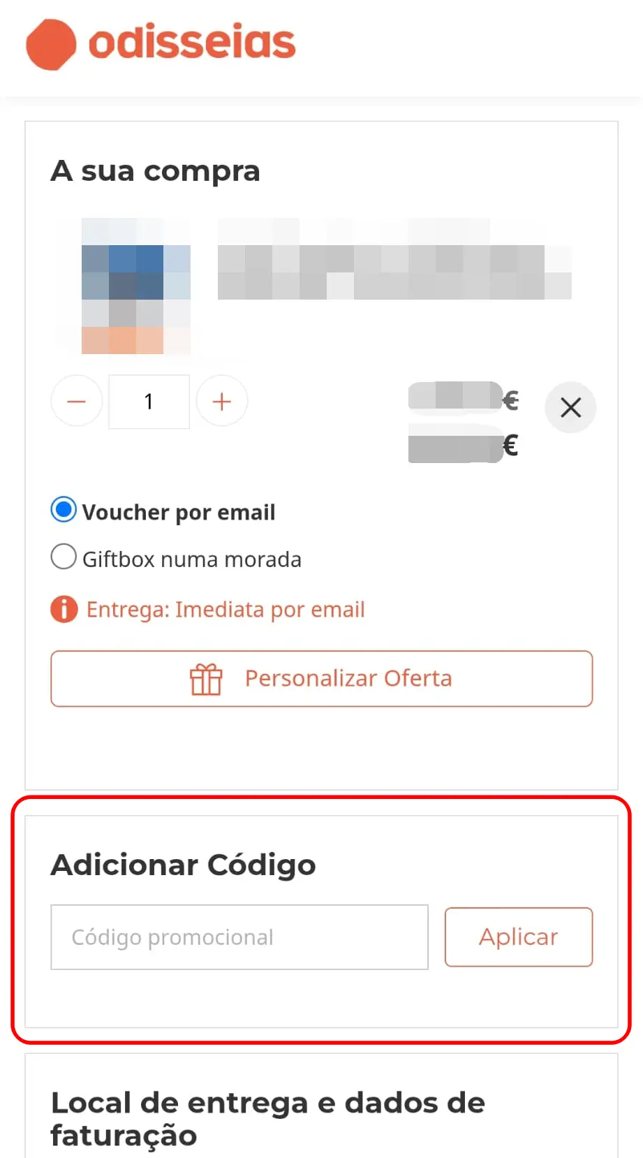 Campo para introduzir código de cupão no checkout da Odisseias