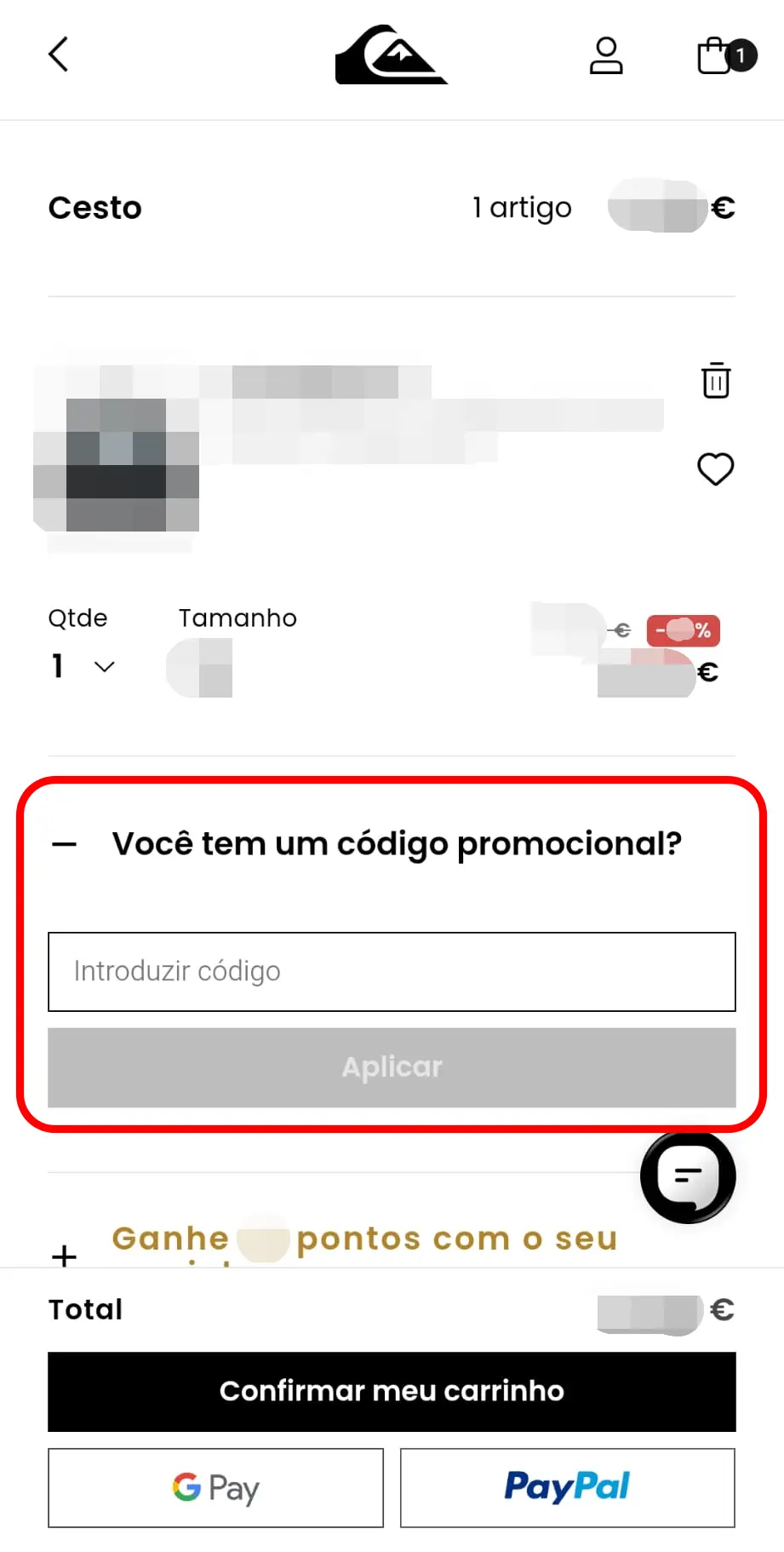 Inserir código promocional Quiksilver no campo de checkout