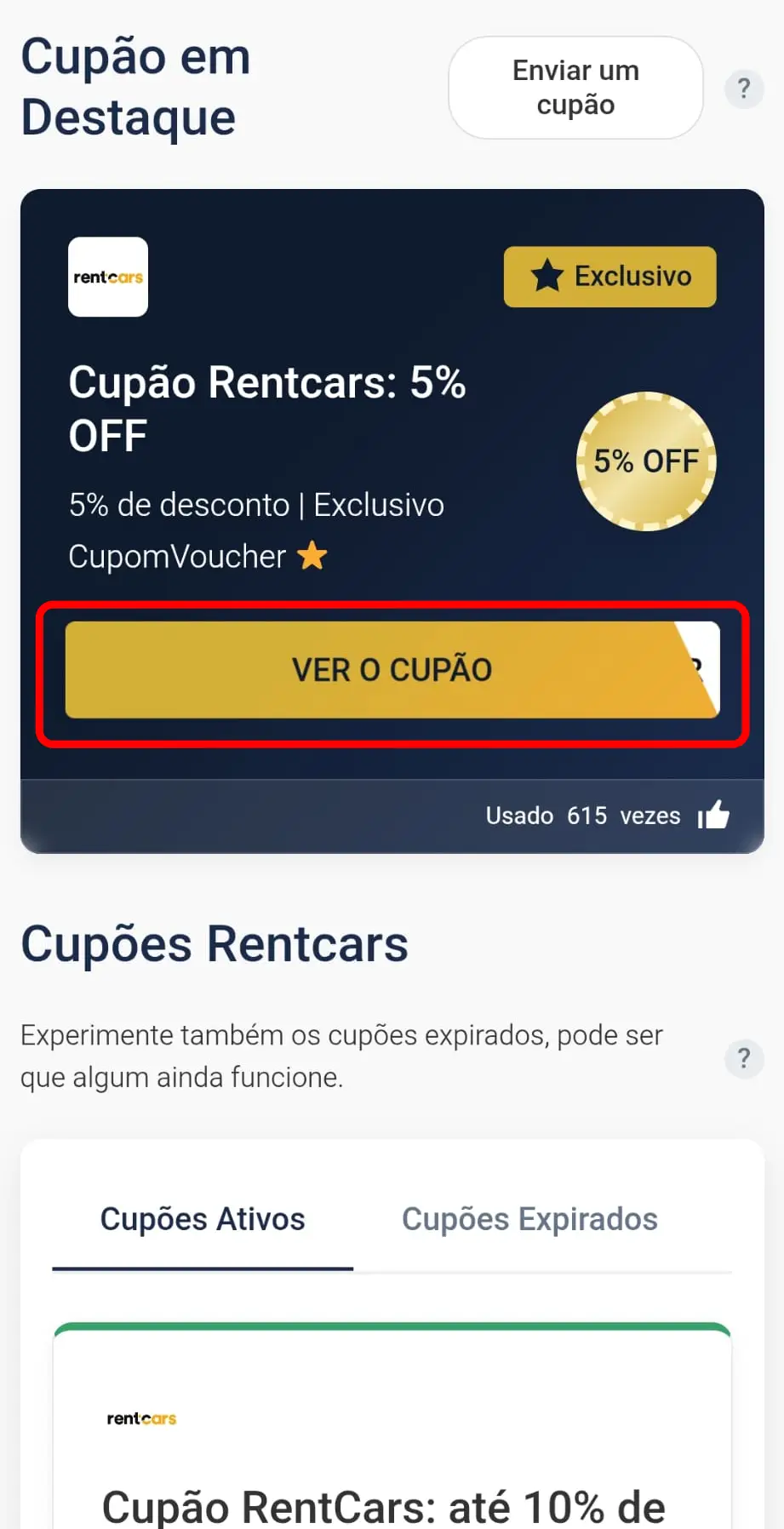 Copiar o cupom RentCars no CupomVoucher