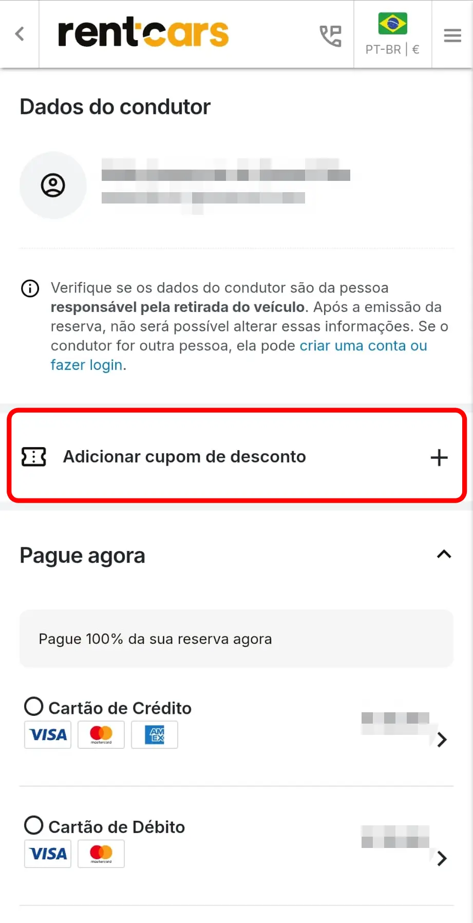 Inserir o cupom de desconto na reserva da RentCars