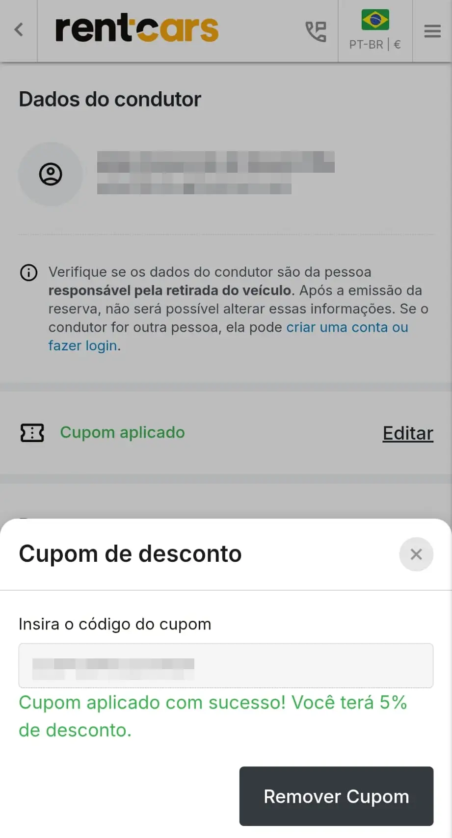 Confirmar o desconto aplicado na reserva da RentCars