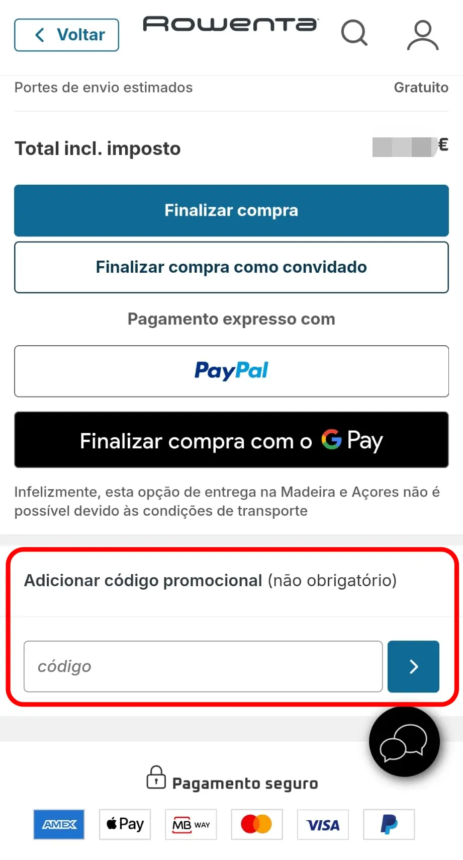 Inserir código promocional Rowenta no campo de checkout