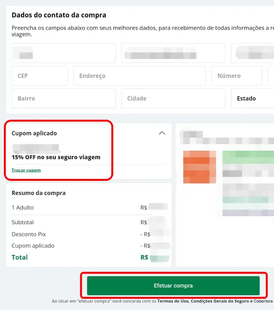 Confirmar o valor com desconto aplicado antes de finalizar na Seguros Promo