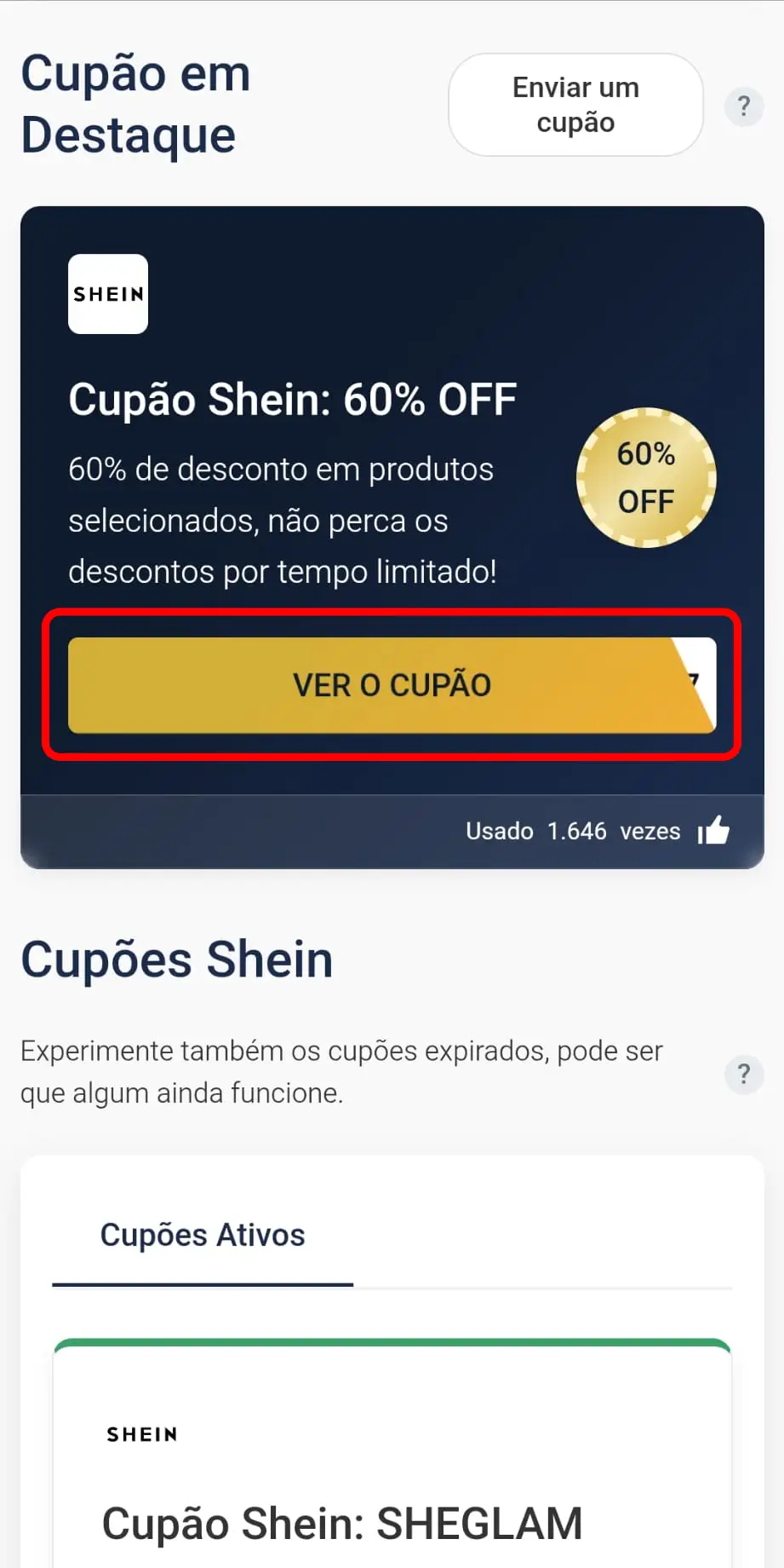 Copiar cupom de desconto Shein no CupomVoucher
