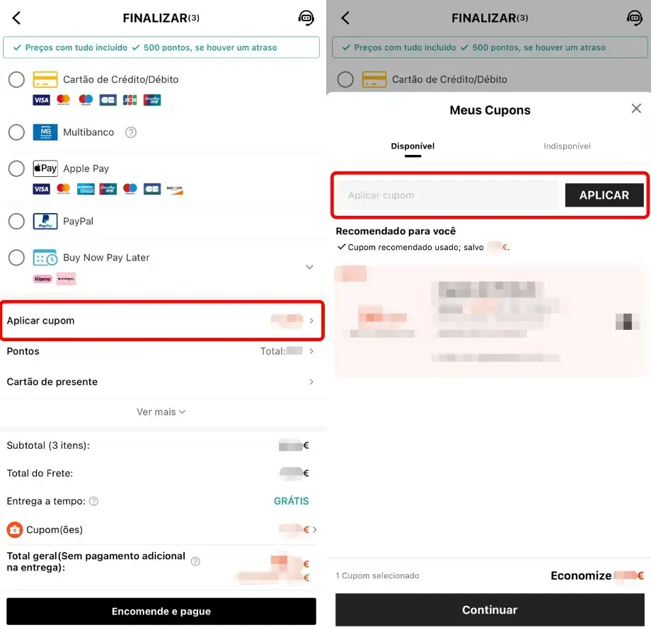 Inserir cupom Shein no ecrã de checkout