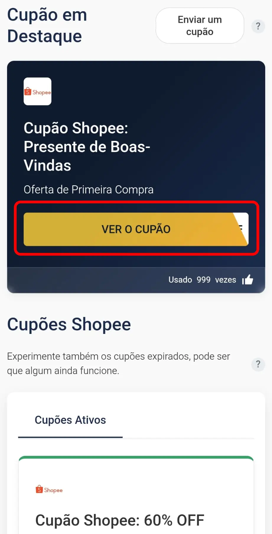 Selecionar cupom de desconto Shopee no CupomVoucher