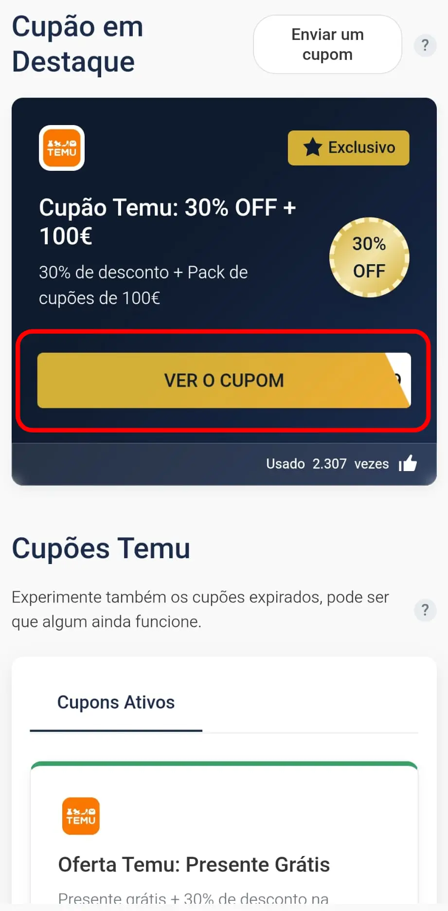 Copiar o cupom de desconto da Temu no CupomVoucher