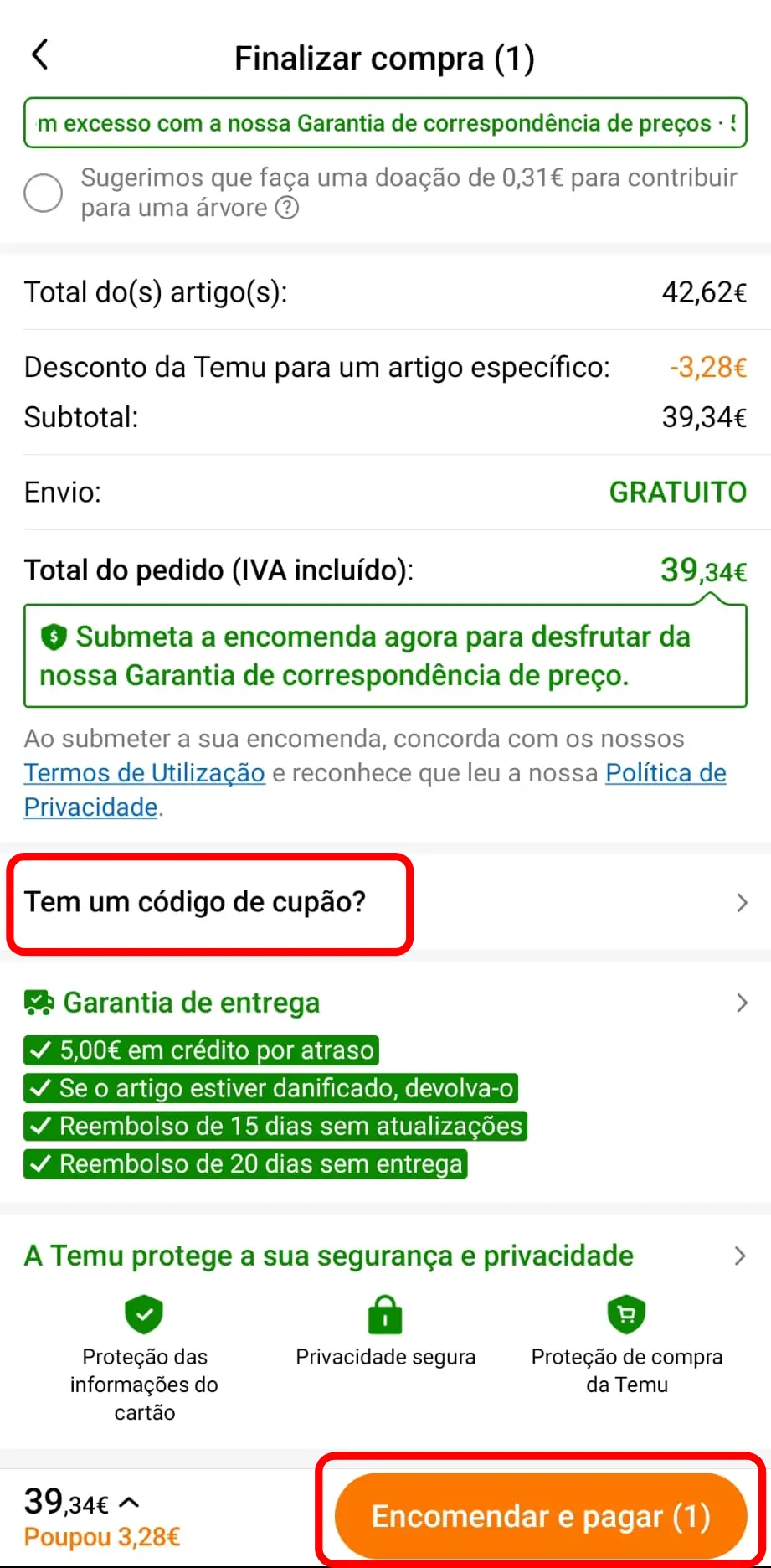 Aplicar o código promocional no checkout da Temu