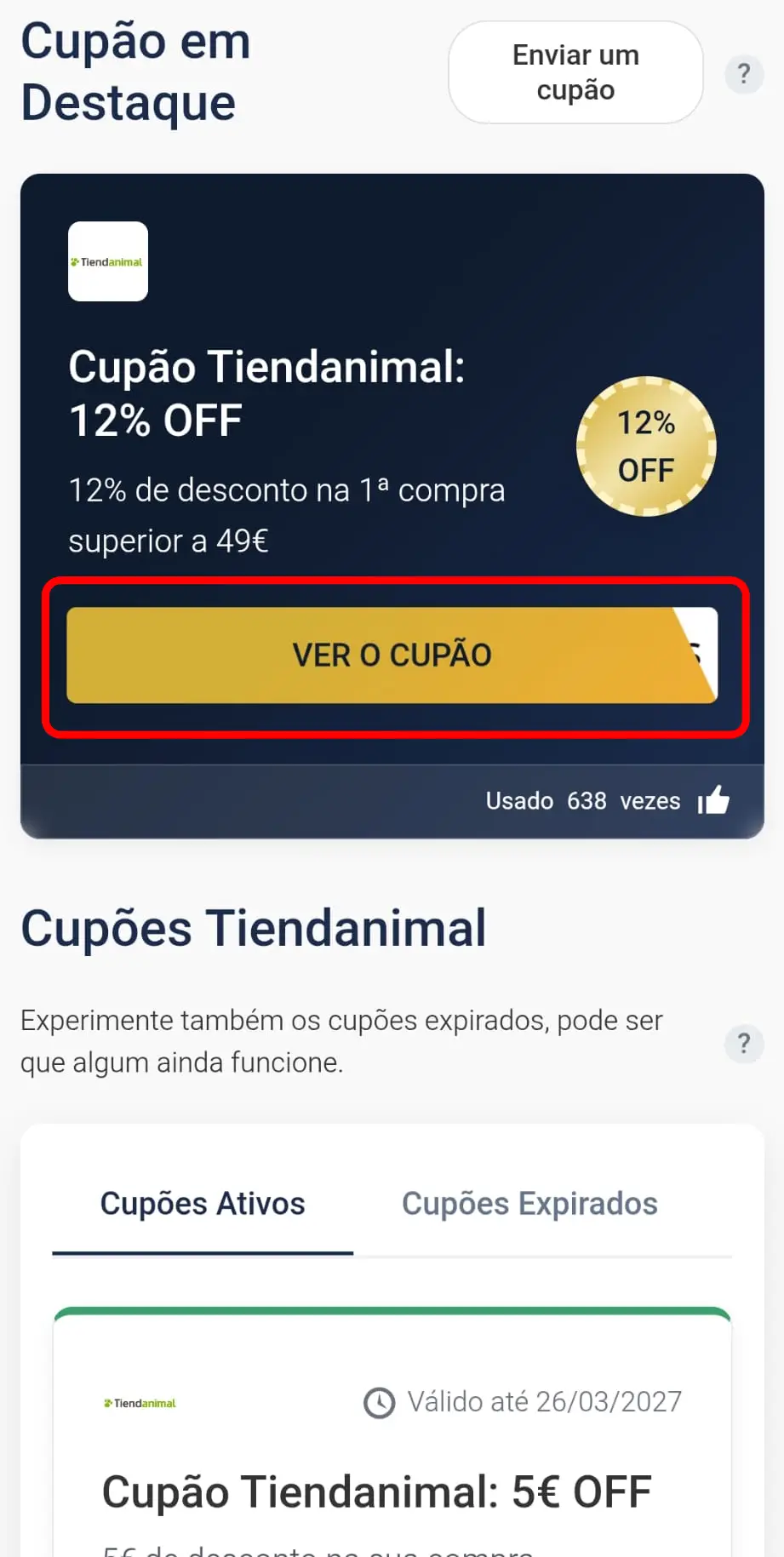 Copiar cupão de desconto Tiendanimal no CupomVoucher