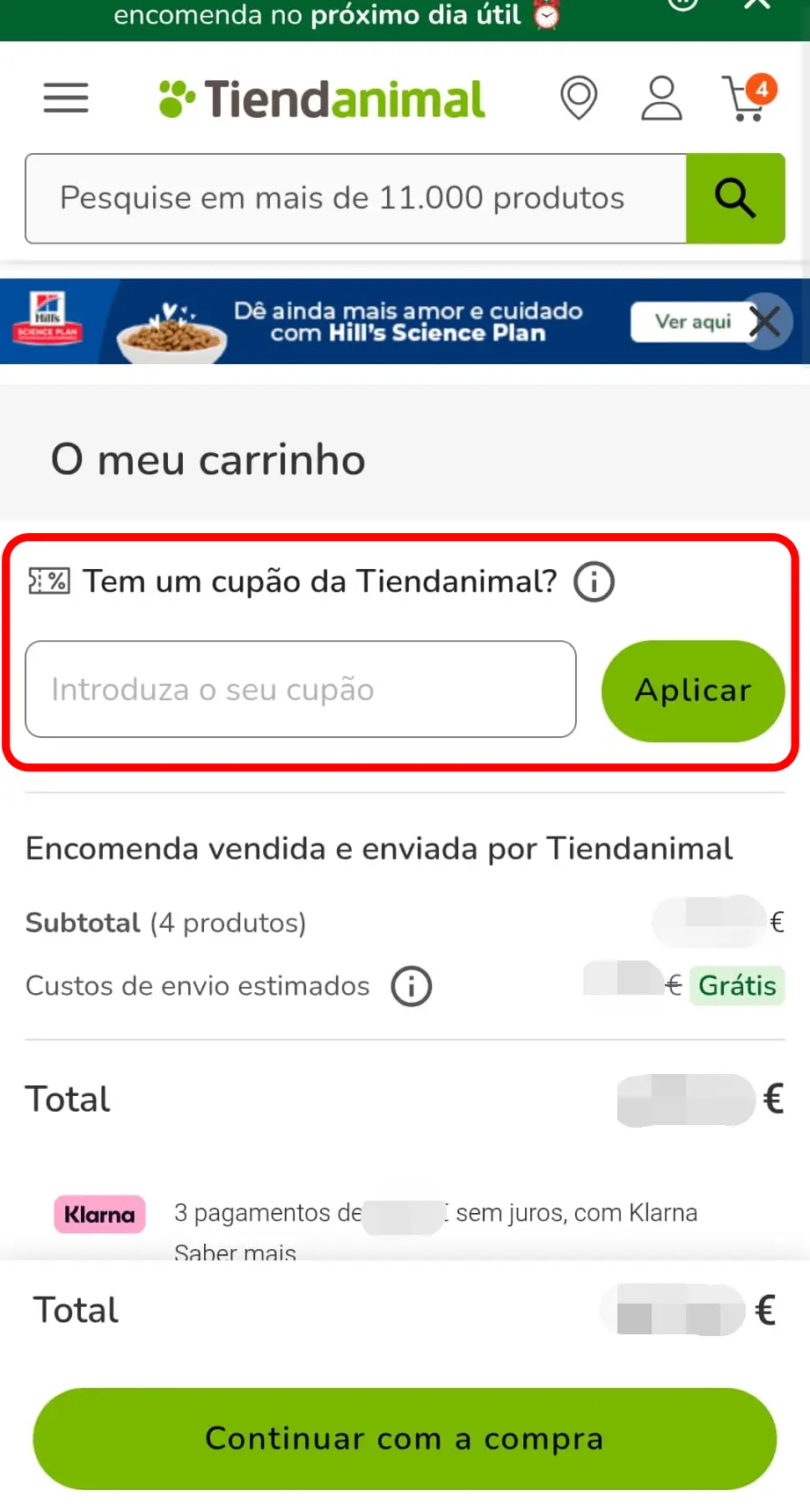 Inserir código promocional Tiendanimal no campo de pagamento