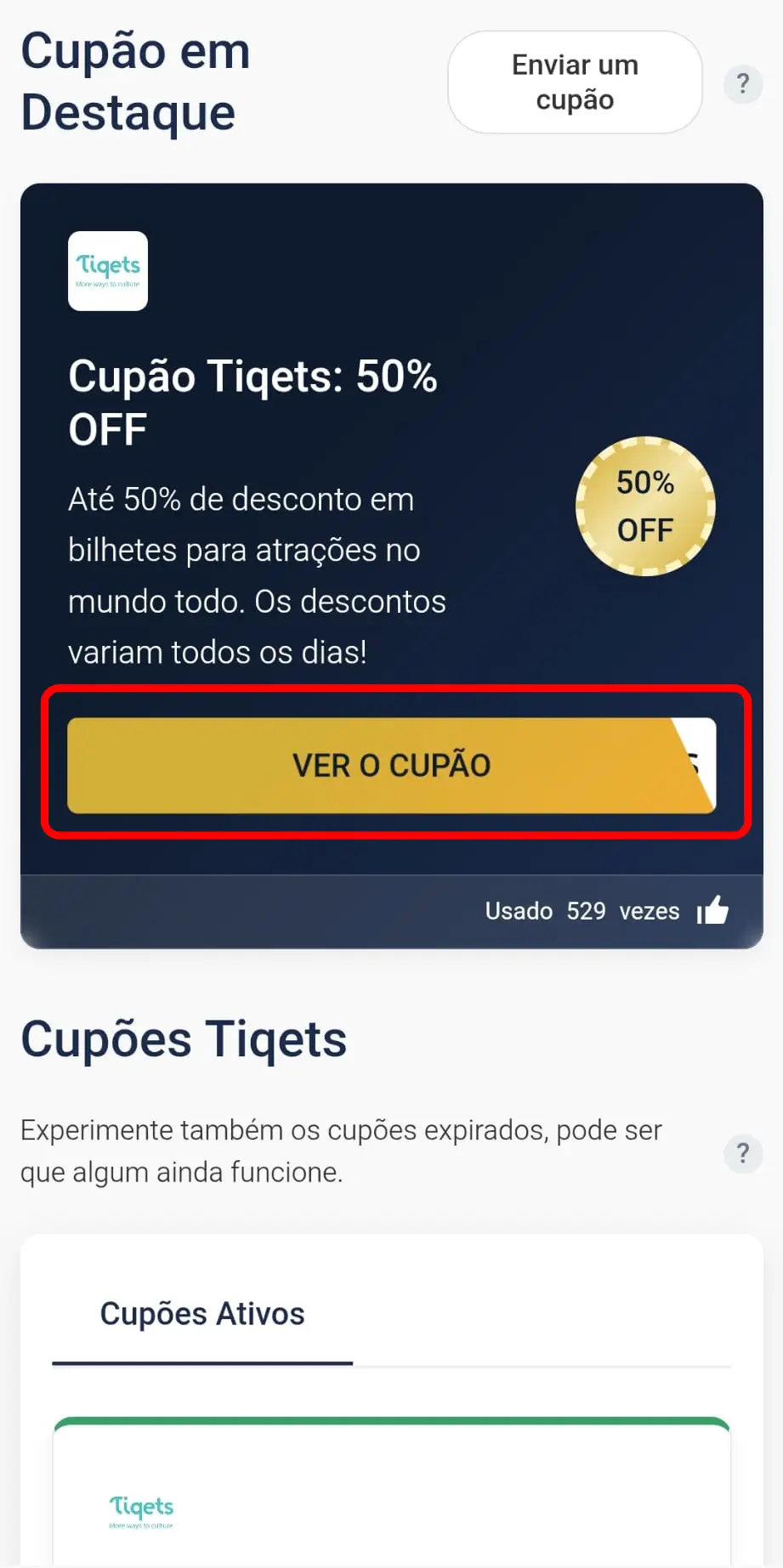 Selecionar cupão de desconto Tiqets no CupomVoucher