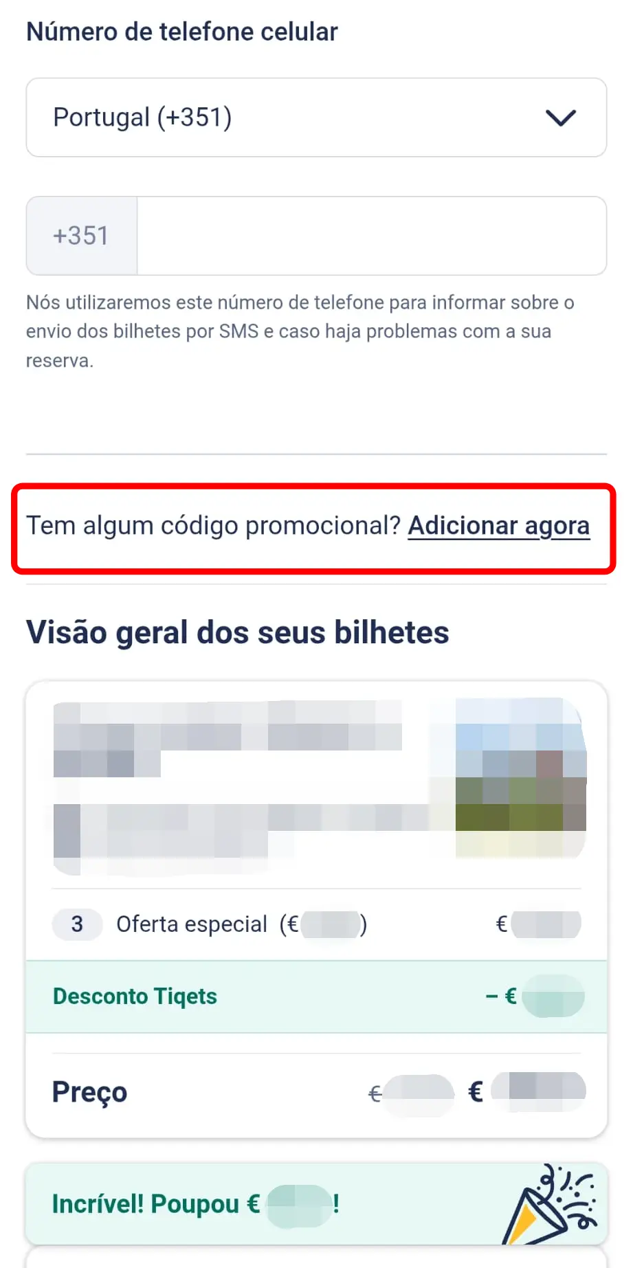 Inserir código promocional no ecrã de pagamento da Tiqets