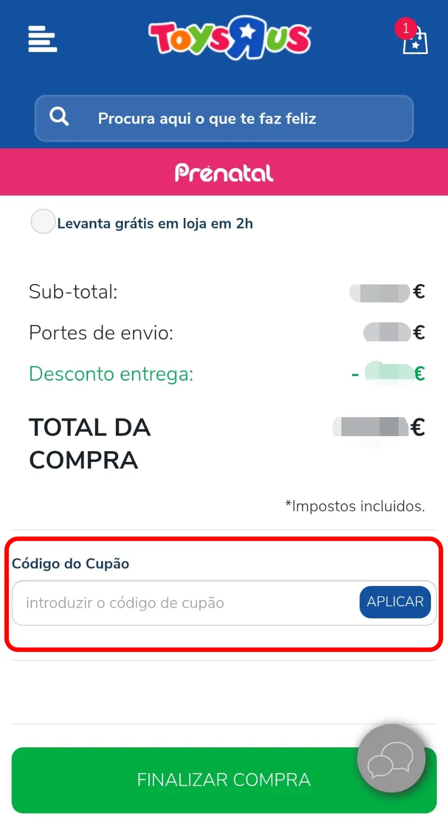 Inserir código promocional Toys R Us no campo do checkout