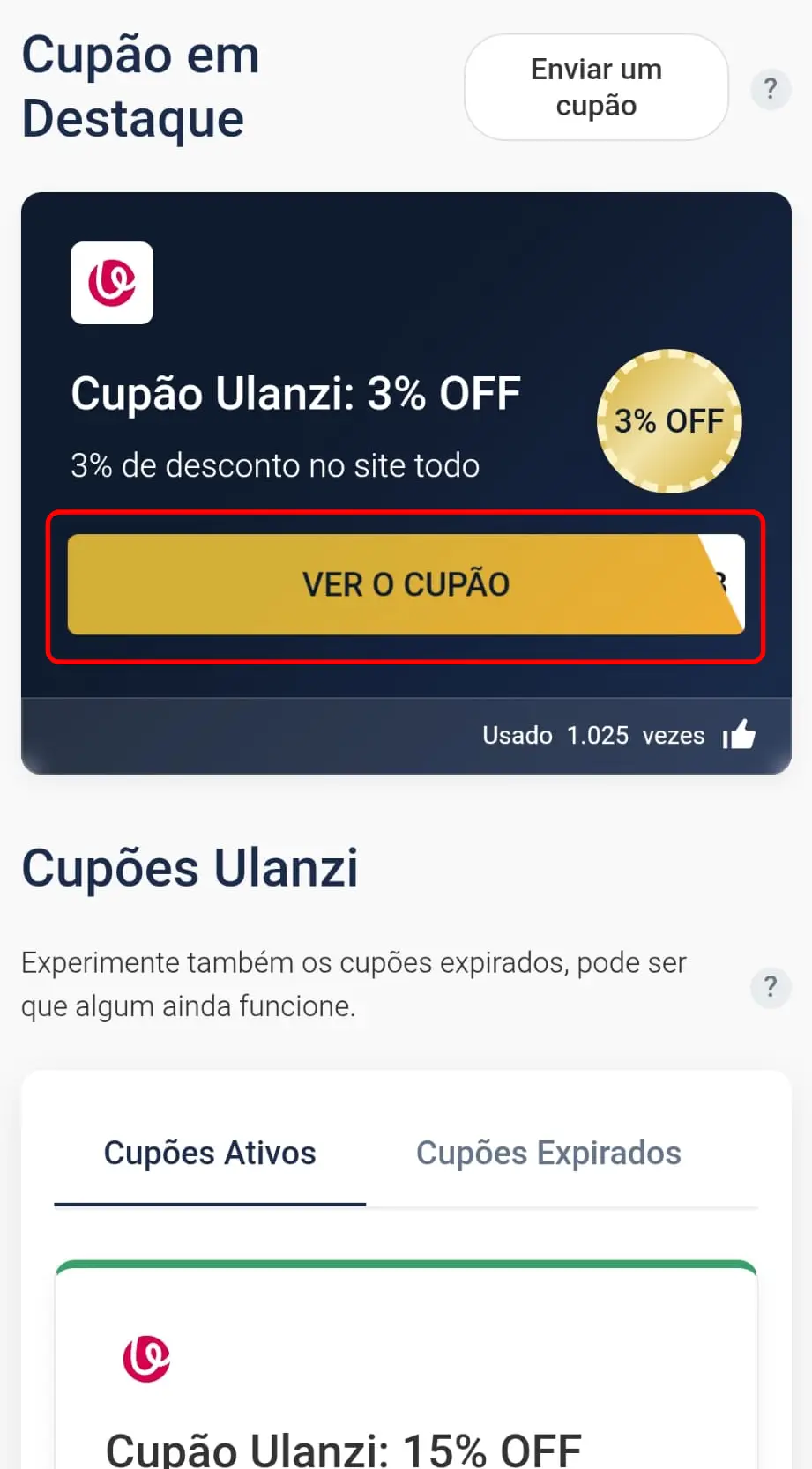 Código de cupão Ulanzi revelado na página do CupomVoucher