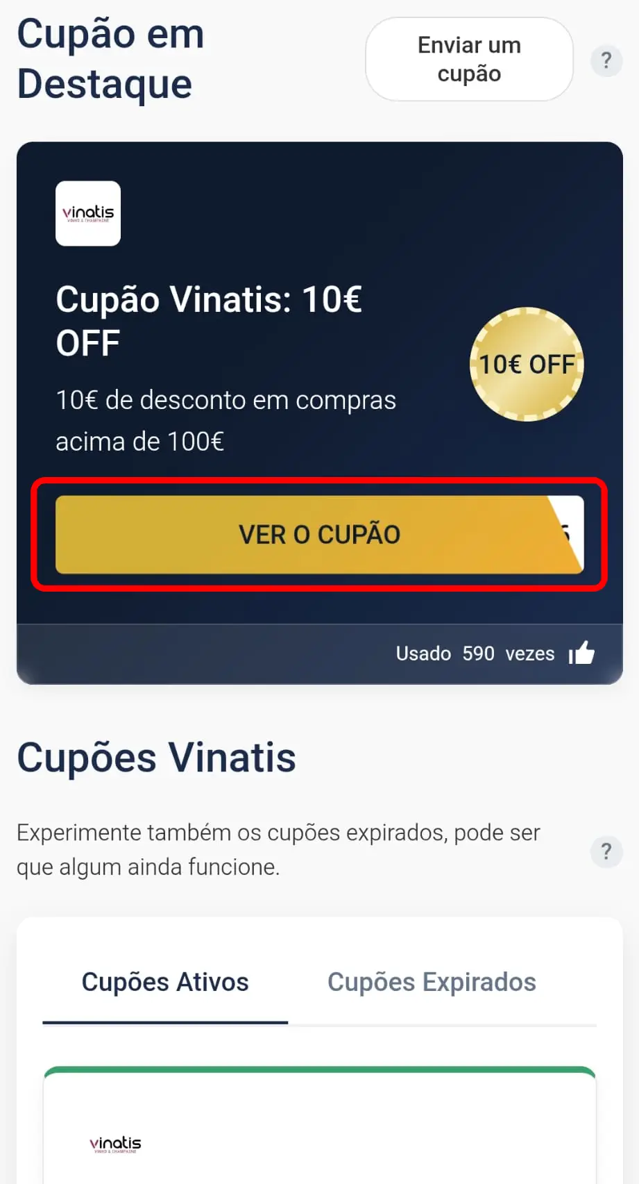 Copiar cupão de desconto Vinatis no site CupomVoucher