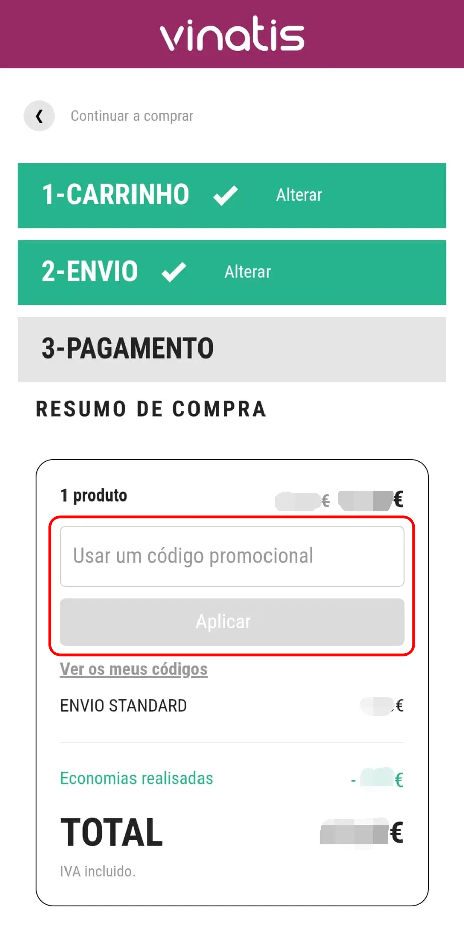 Inserir código promocional Vinatis no campo do checkout