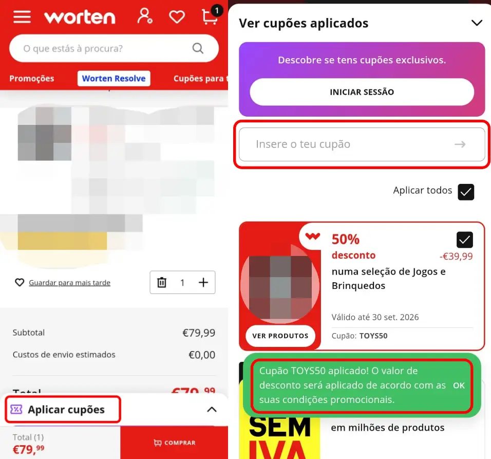 Inserir o código promocional no checkout da Worten