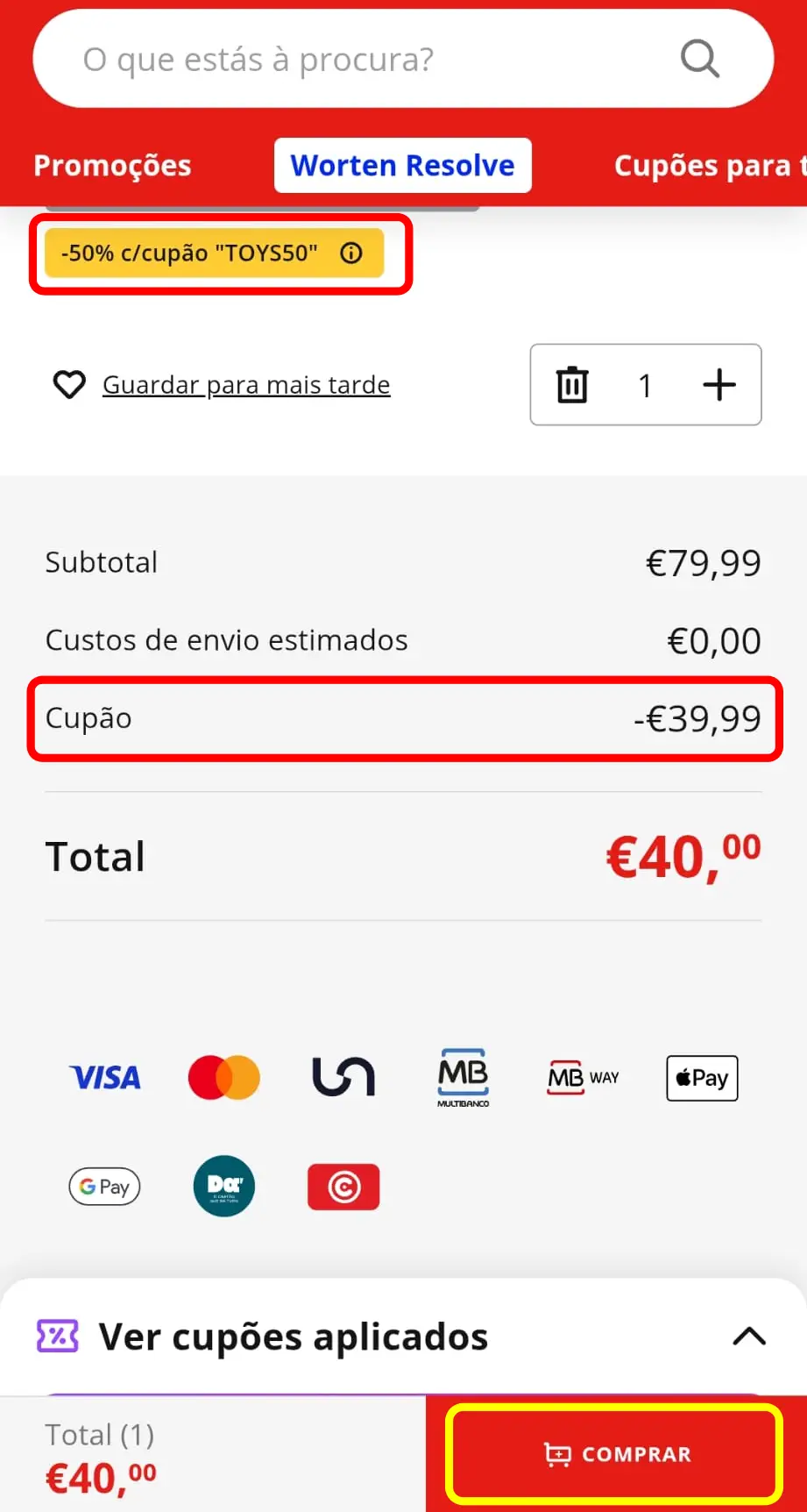 Confirmar o desconto aplicado antes de finalizar a compra na Worten