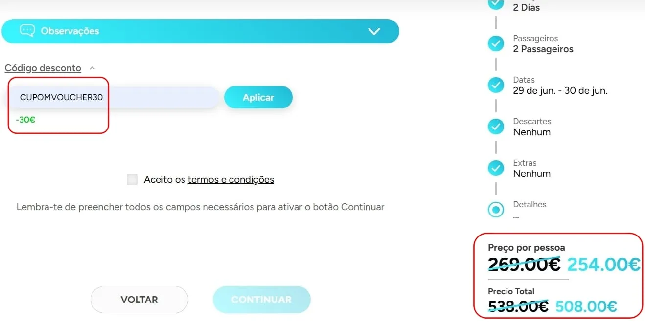 Desconto aplicado com sucesso após inserir o cupom no checkout
