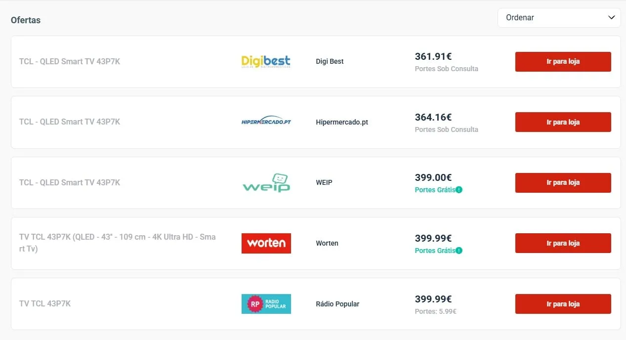 Comparativo de preços de um produto em diferentes lojas online, destacando variações e descontos disponíveis.