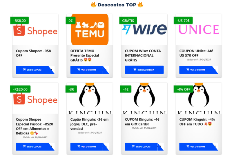Print da página com 8 cupons disponíveis para resgatar no site
