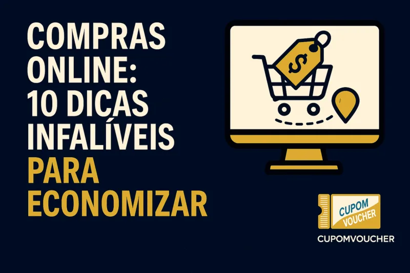 Imagem com o texto “Compras online: 10 dicas infalíveis para economizar” ao lado de um monitor com ícone de carrinho de compras e etiqueta de preço.